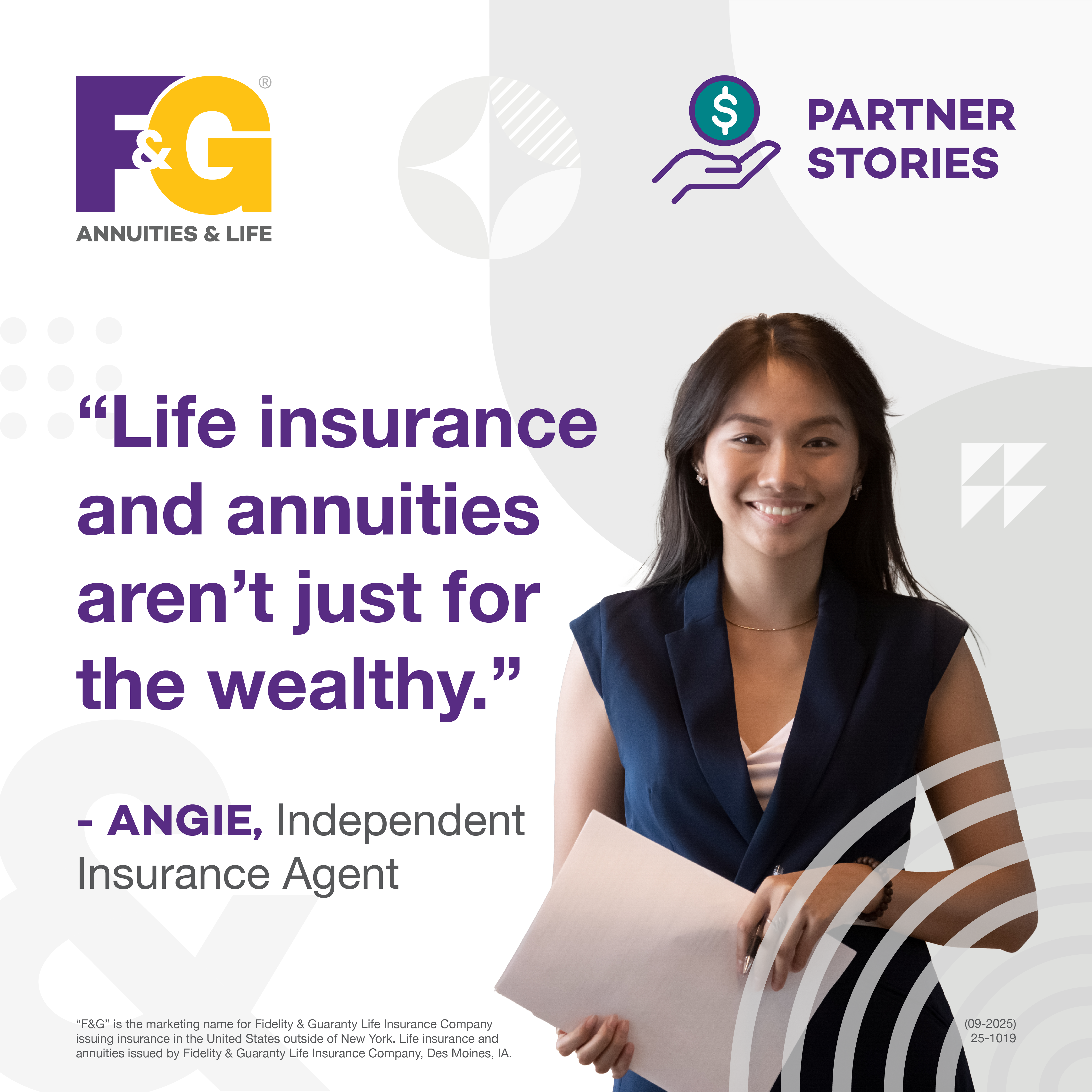 Social post with a quote from an independent insurance agent, Angie, who is smiling
